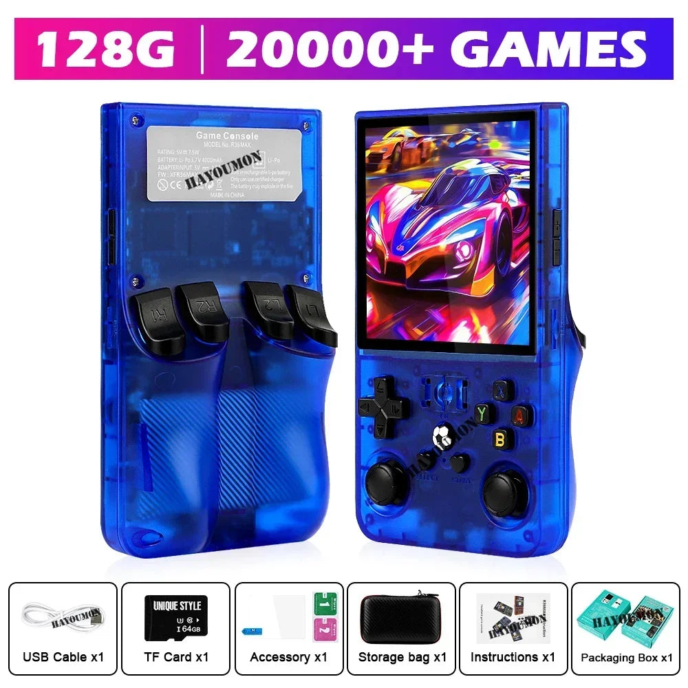 Gray R36 Max Console Handheld Game Players 4" IPS Screen Open Source Console Retro Pocket Video Player 128G Up to 20000+ Games