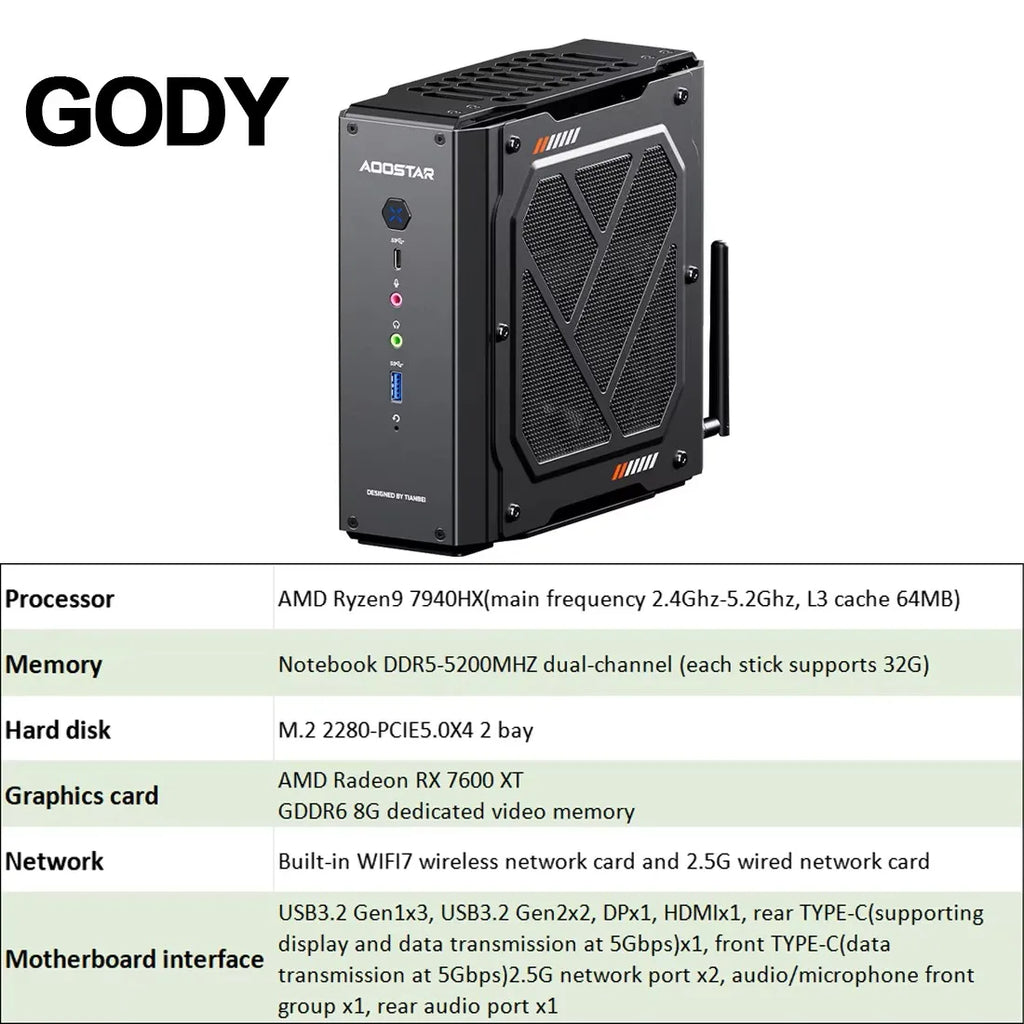 AOOSTAR GODY Mini Gaming PC – AMD Ryzen 9 7940HX + RX 7600XT, WiFi 7, 4K Triple Display, High Performance Desktop