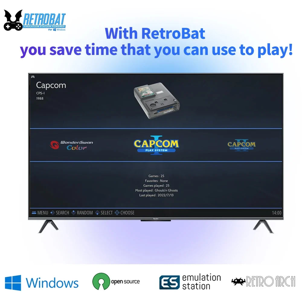 RETROBAT Portable 500G Gaming HDD Consoles 70+Emulators 64000+Retro Games for PS3/PS2/DC/N64/PSP/MAME/SS  for Windows Laptop&PC