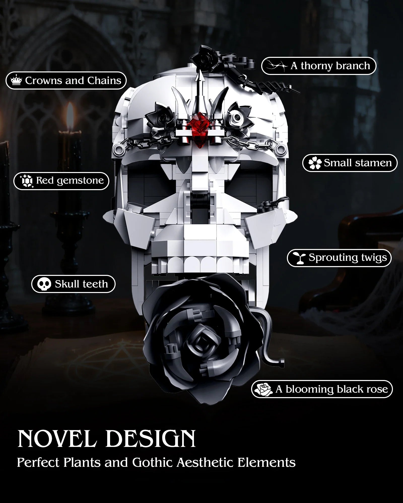 Creative Evil Skull Transformation Model Toy Block Dark Rose 3-in-1 Set Office Decoration Assembly Toy Boy Halloween Gift