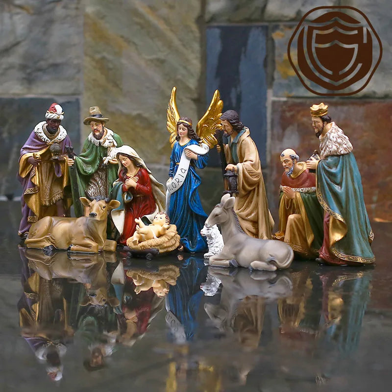 Christmas Nativity Scene Set - Resin Manger Figurines, Holiday Gift Box for Home/Church Decor
