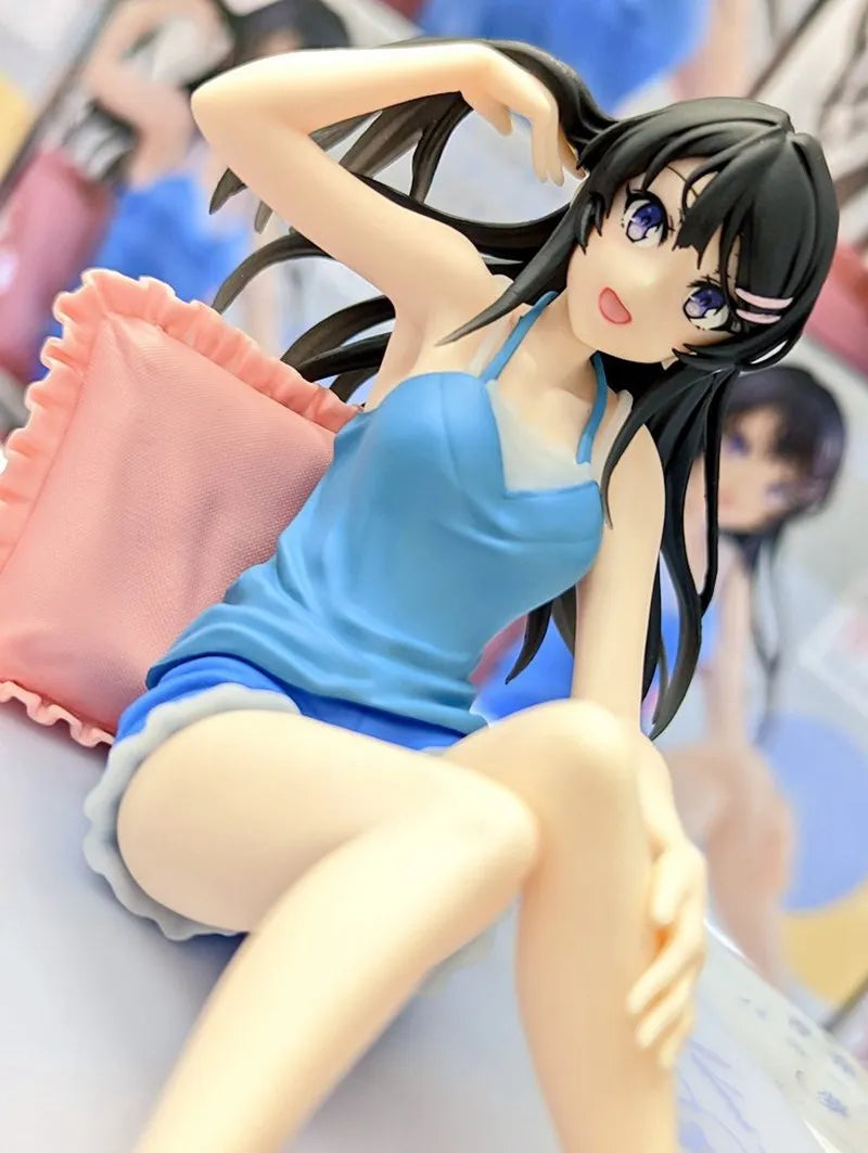 9CM Anime Figure Sakurajima Mai Blue Suspenders Shorts Loungewear Sitting PVC Boxed Model Collection Gift Ornament Decoration