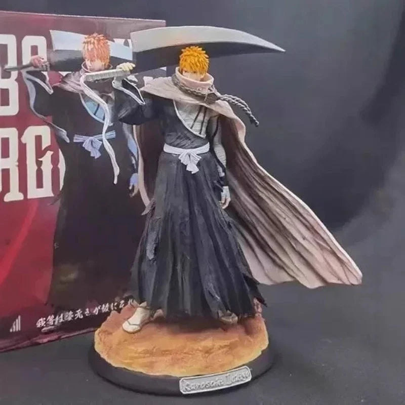 Bleach 33cm Kurosaki Ichigo Action Figures GK Kit Carrying Sword Model Wearing Cloak Sculpture Anime Toy Desktop Ornament Gift