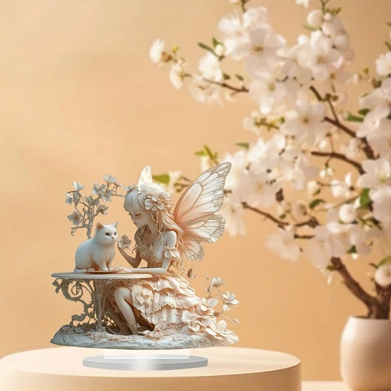 Bohemian Style 8in 2D Acrylic Angel And Cat Figurine Artistic Cartoon Decoration Colorful Print Water-Resistant Romantic Gift