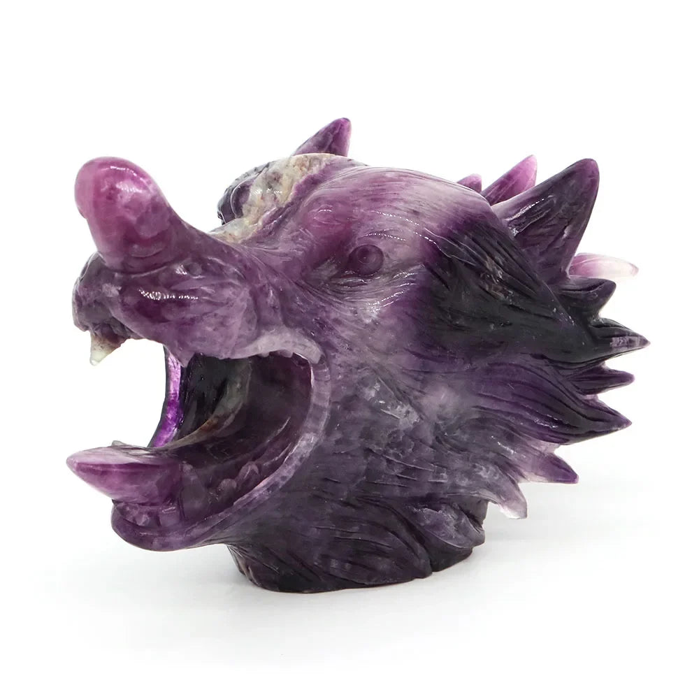 5.5" Wolf Head Natural Fluorite Reiki Healing Gemstone Carved Stone Animal Figurine Feng Shui Crafts Home Office Decoration Gift