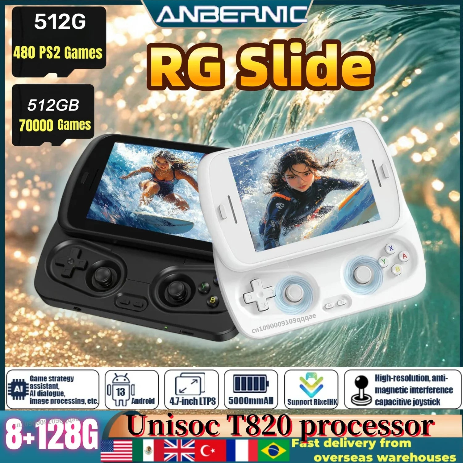 ANBERNIC RG Slide Video Handheld Game Console 4.7inch LTPS In-Cell Screen Android six-axis gyroscope 5000mAh 512G PSP PS2 Game