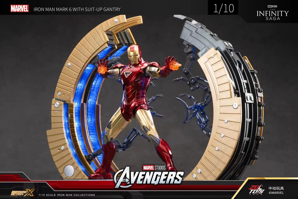 Original ZD Toys Iron Man WITH SUIT-UP GANTRY LED Circular armor dismantling platform MK6 Anime Tony Stark Model Action Figure