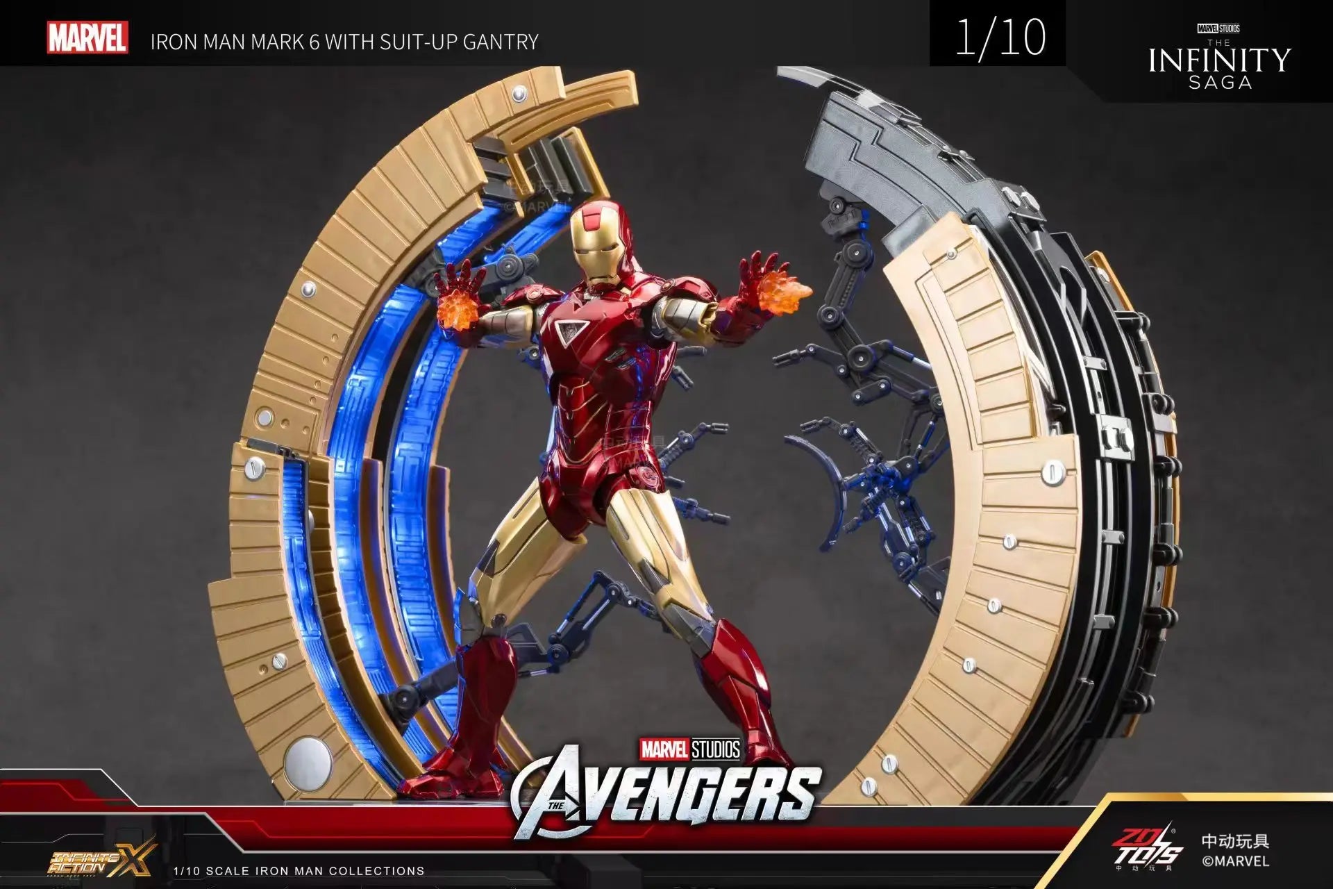 Original ZD Toys Iron Man WITH SUIT-UP GANTRY LED Circular armor dismantling platform MK6 Anime Tony Stark Model Action Figure