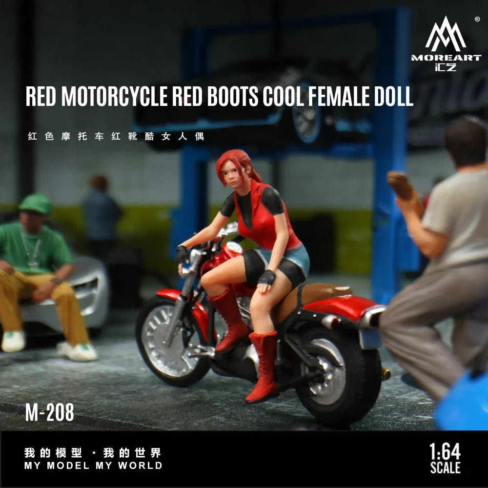 MoreArt 1:64 Red Motorcycle Red Boot Cool Female Figure Resin Model, Miniature Scene Decoration Gift&Display
