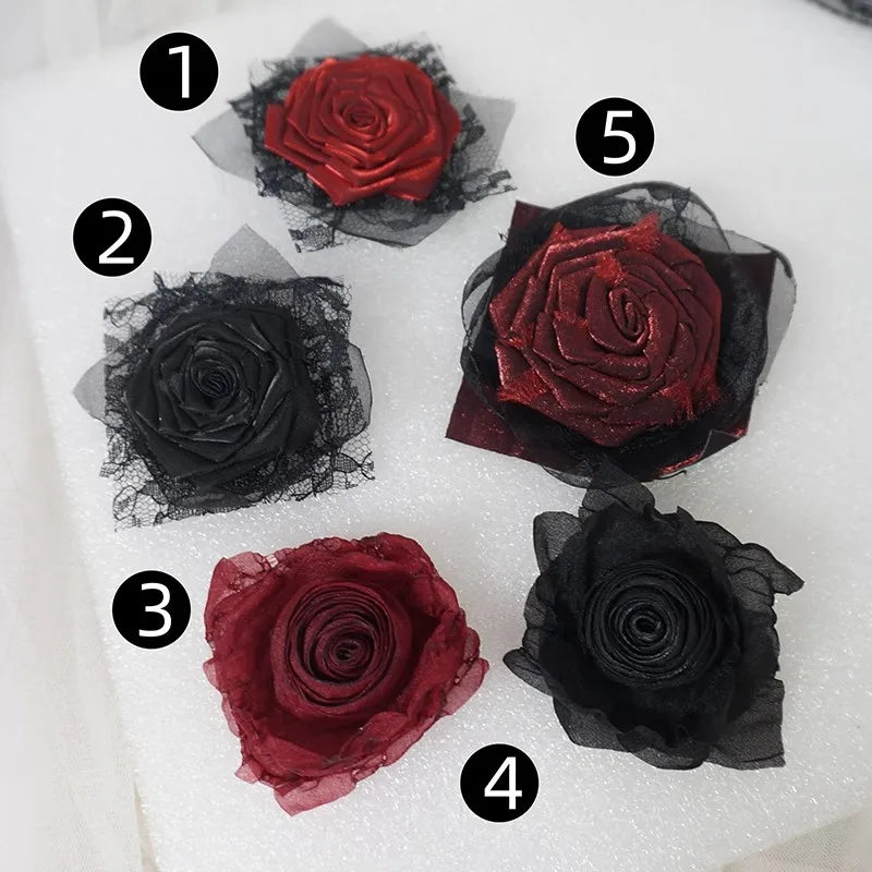 Handmade Rose Girl Lace Bow Dark Headpiece Gothic Bride Scorched Edge Rose Flower Headband Halloween lolita Doll Hair Accessory