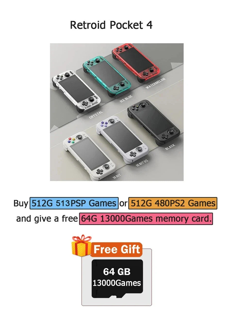 Retroid Pocket 4 Pro Handheld Video Game Console 4.7" 8G128GB WIFI6.0 RP4 Android 13 512g Console PSP PS2 Video Game Player Gift