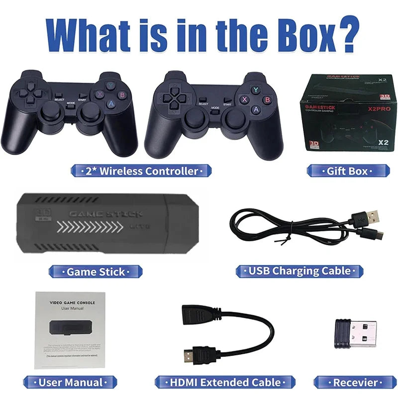 4K HD Video Game Console 32/256G 60000+Games X2 Plus Game Stick 2.4G Double Wireless Controller Game Stick For N64/PSP/PS1/GBA