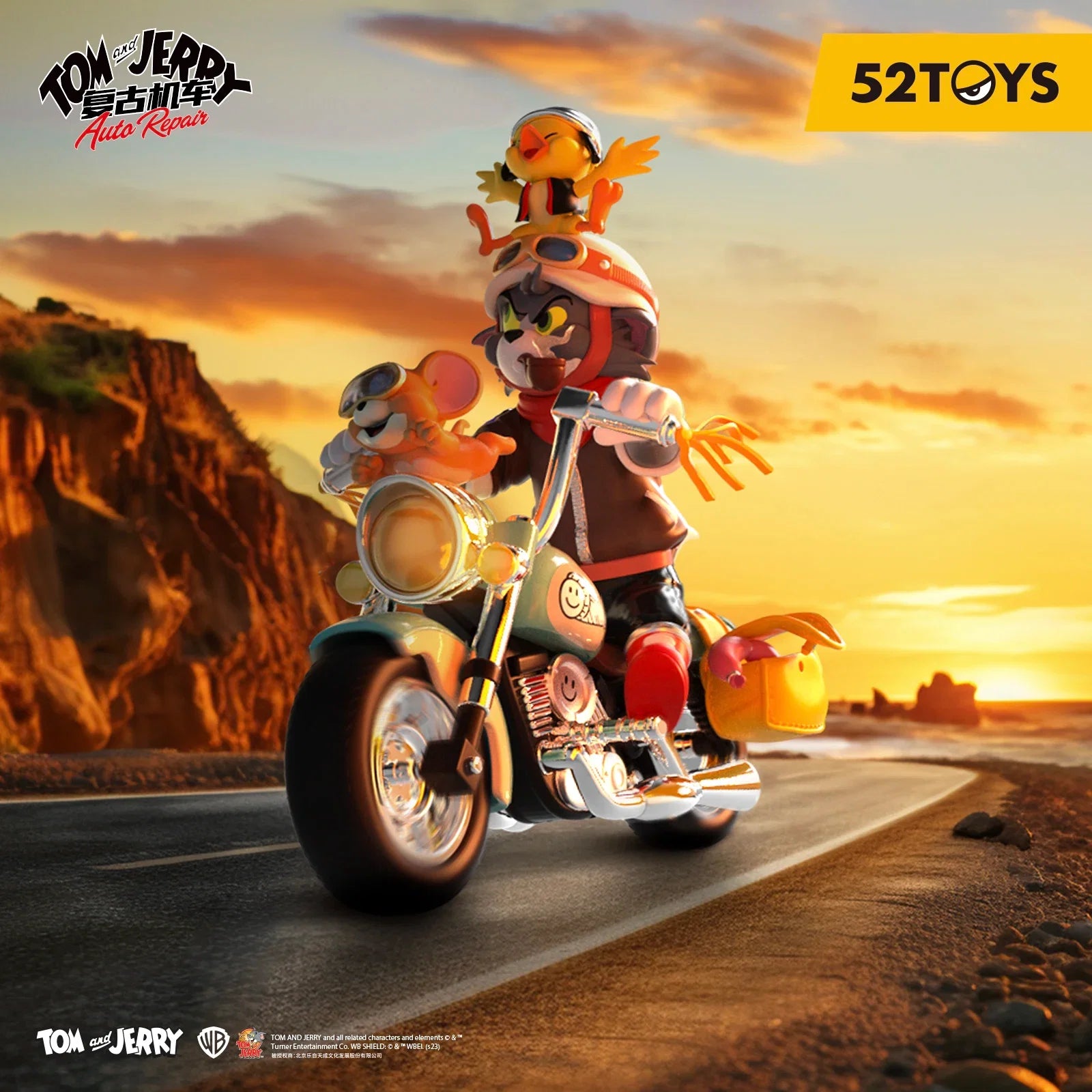52TOYS Large Figure Tom and Jerry Retro Motorcycle, Height: 18cm/7.08inch, cute collectible Figures, perfect Gift