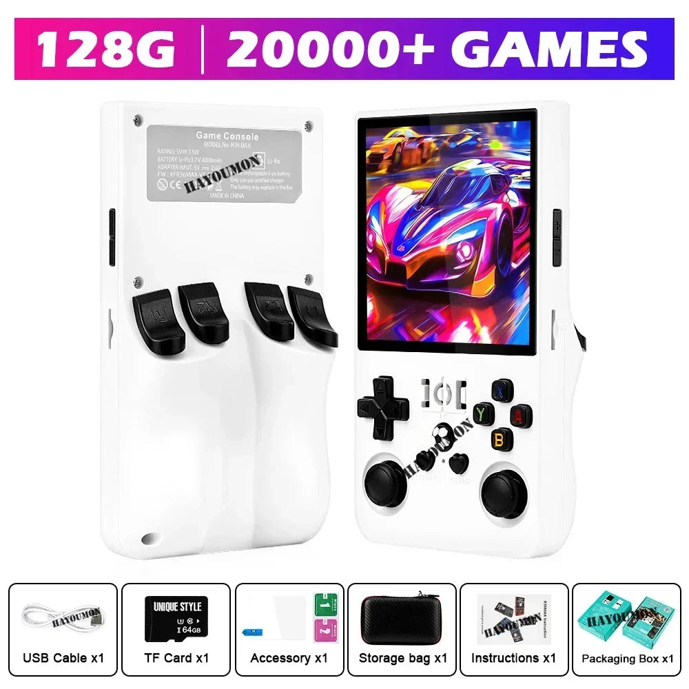 Gray R36 Max Console Handheld Game Players 4" IPS Screen Open Source Console Retro Pocket Video Player 128G Up to 20000+ Games