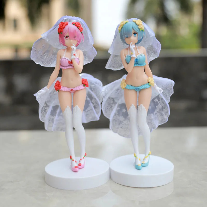 BANDAI 25CM Rem Anime Figure Re:Zero kara Hajimeru Isekai Seikatsu Kawaii Ram Crystal Wedding Dress Model PVC Doll Toys