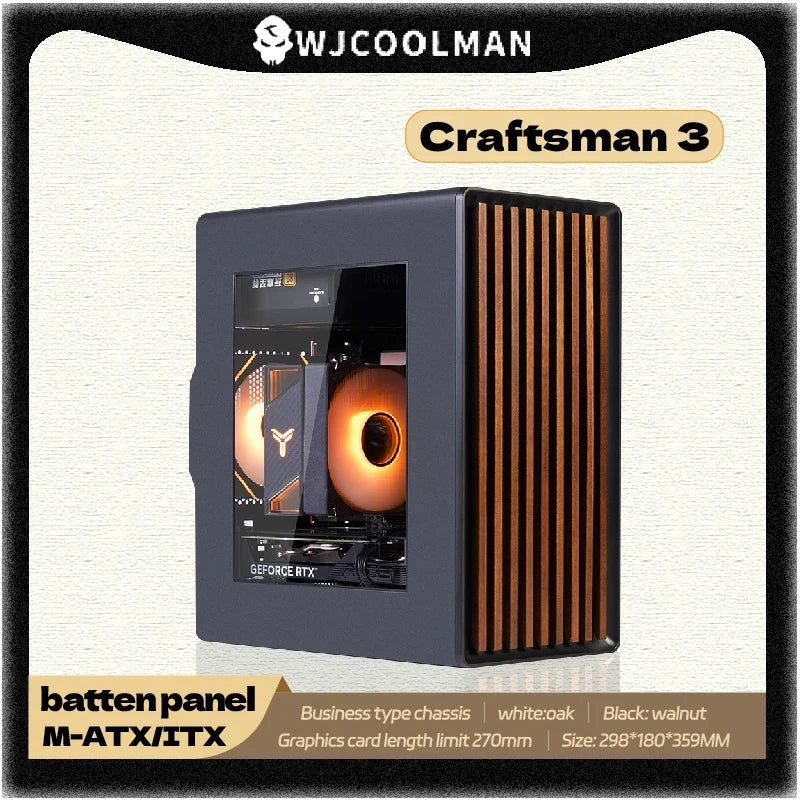 WJCOOLMAN Craftsman 3 MTAX/ITX PC case Glass transparent wooden strips panel gabinetes gamers desktop business computer case