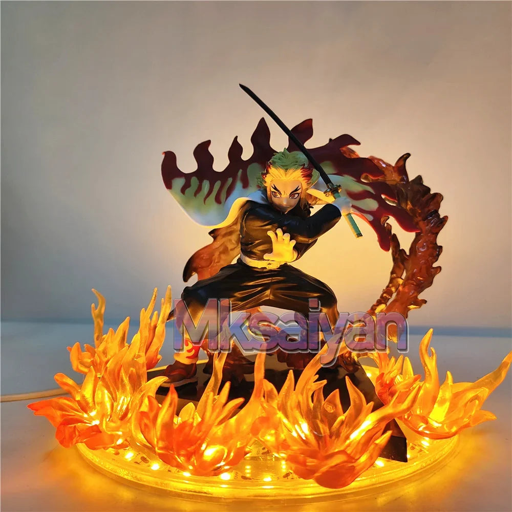 Demon Slayer Rengoku Kyoujurou Anime Figures Fire Led Scene DIY PVC Action Figure Toys Kimetsu no Yaiba Figurine Kids Doll 14cm