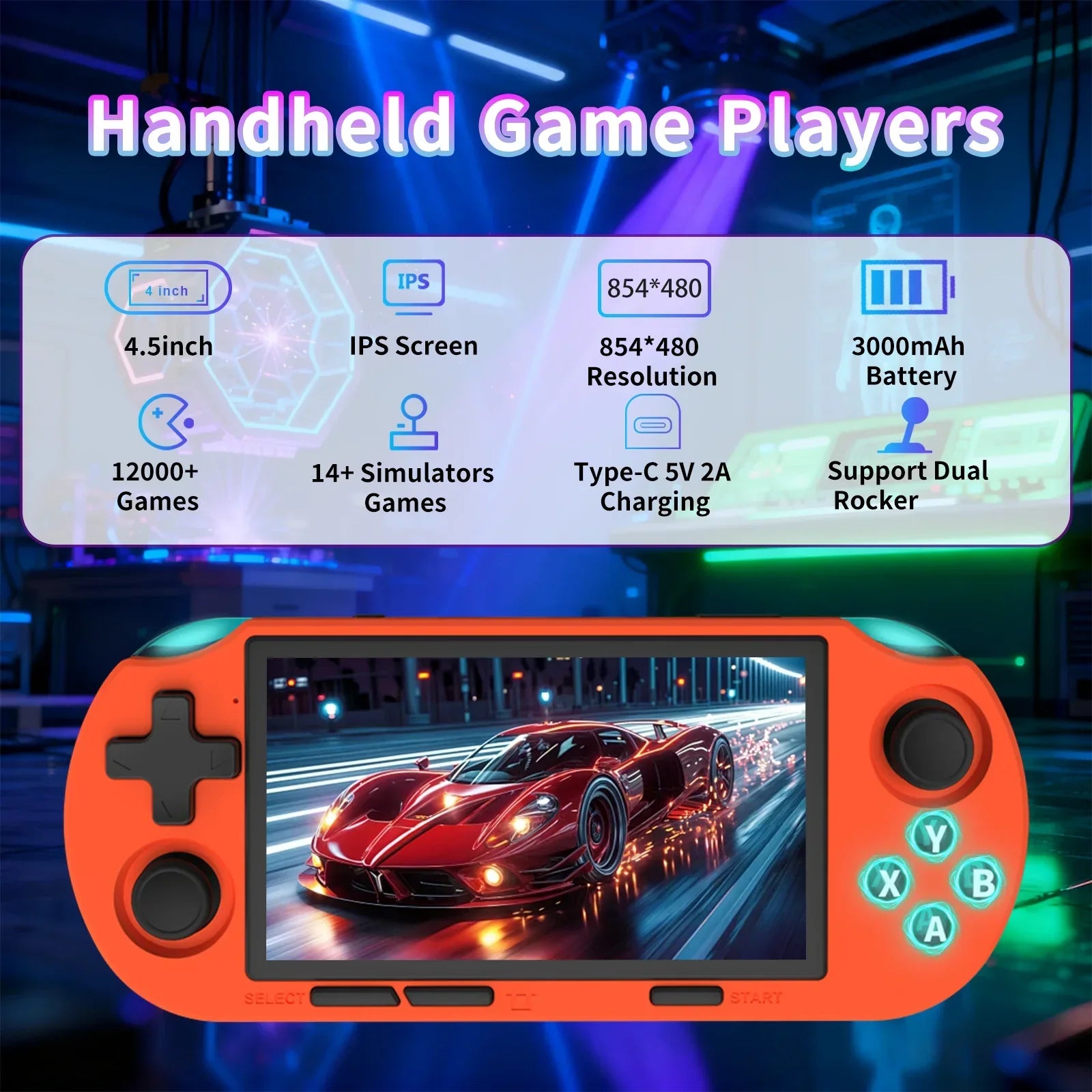 GAMINJA Handheld Portable Gaming Console 4.5Inch HD IPS Screen Display Retro Gaming System LED lights Built-in 12000 Games