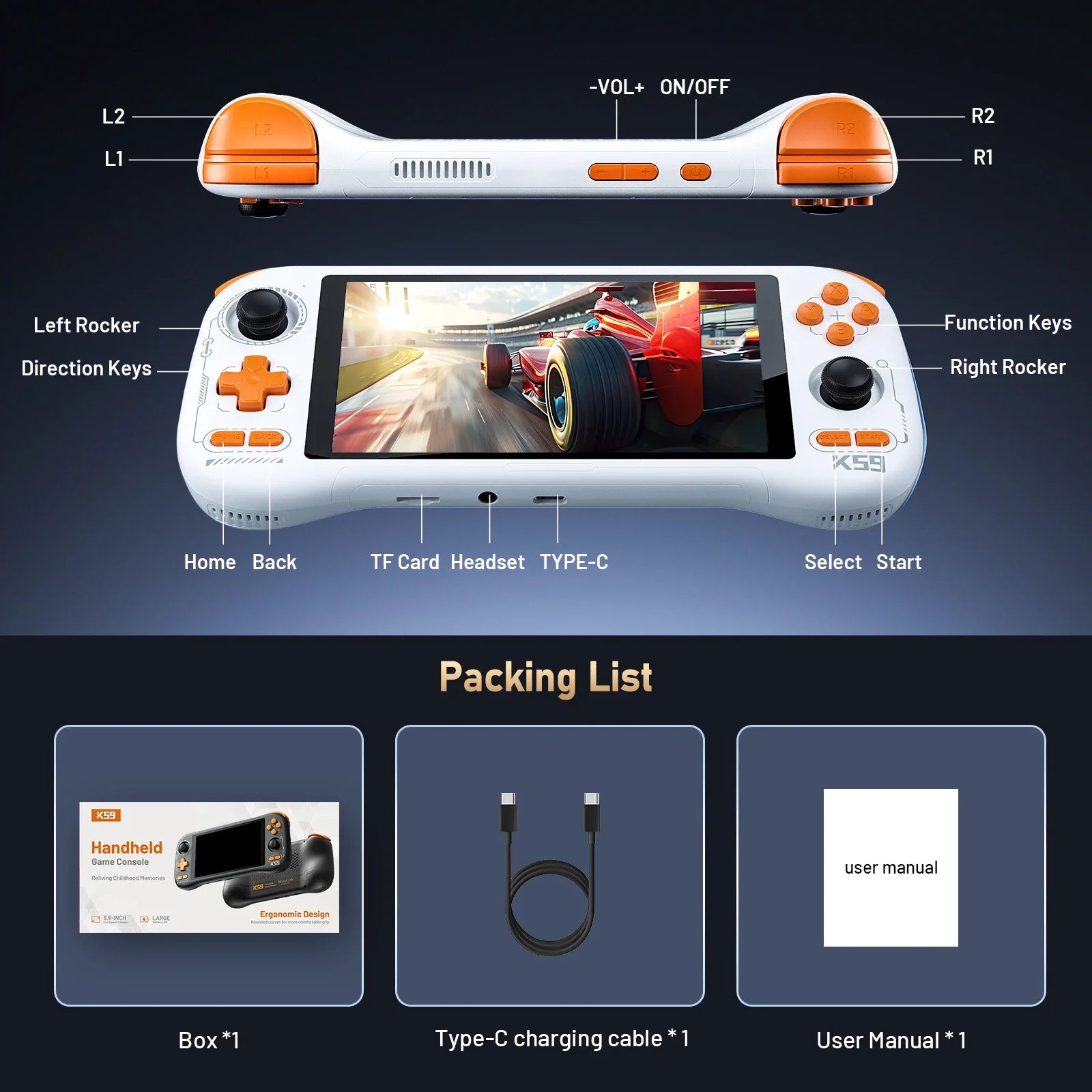 FLLBW K59 Handheld Game Console 5.5'' 1080P Screen 50 Emulators for PS1/PSP/DC/SS Android14 5000mAh WIFI5 Retro Game Player