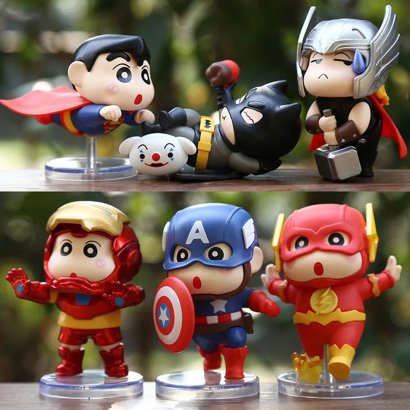 6pcs/set Anime Crayon Shin-chan Cos Captain America Iron Man q-version Action Figure PVC Model Toys Desk Decor Collectible Gifts