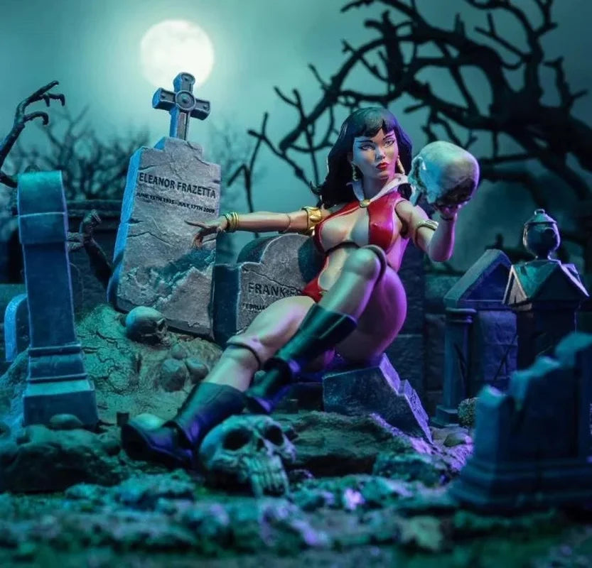 Frazetta Girls Studio Vampire Queen Vampirella 16cm bewegliche Actionfigur Schädelkopf-Skulptur austauschbares Gesicht Haar Modell Spielzeug