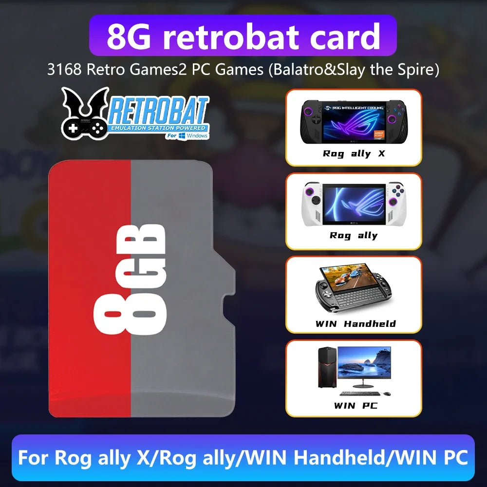 Retrobat 8GB Game TF Card Retro Gaming Memory Card With 3168 Retro Games&2 PC Games 9 Emulators  For Rog Ally/Rog Ally X/GPD WIN
