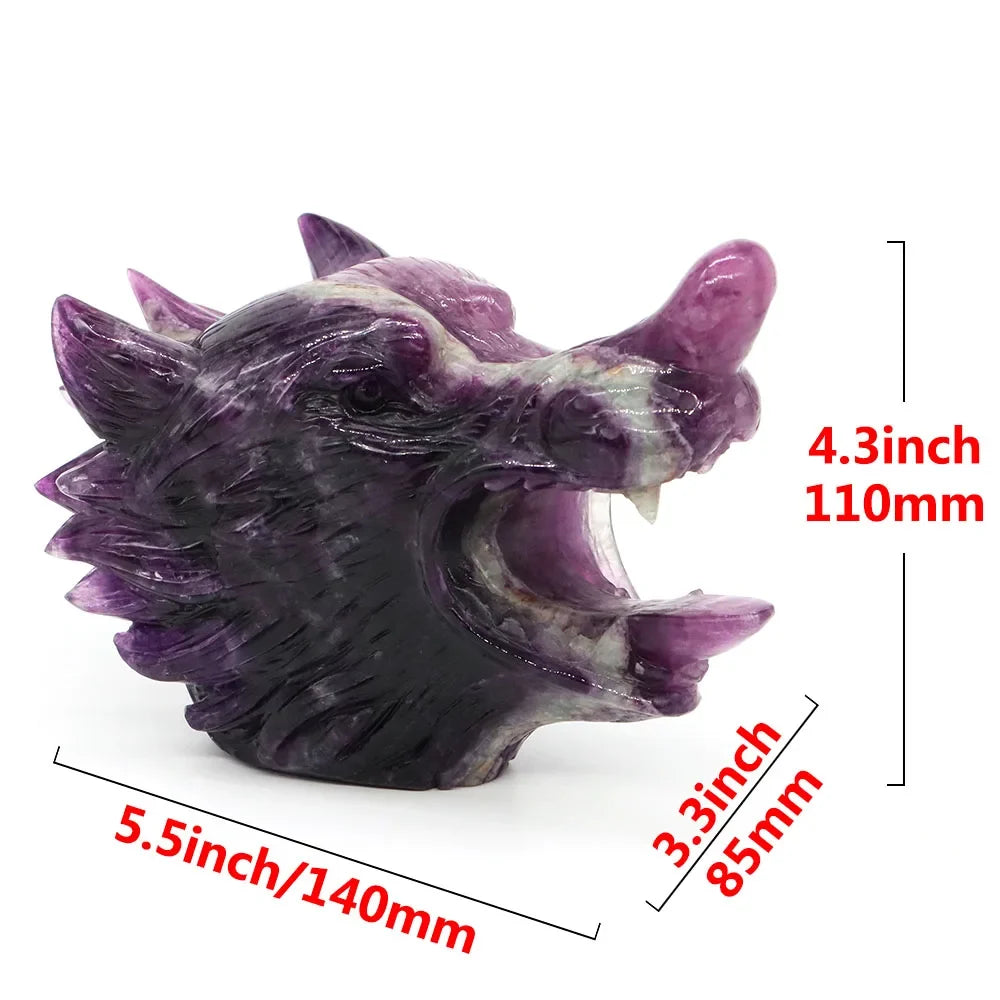 5.5" Wolf Head Natural Fluorite Reiki Healing Gemstone Carved Stone Animal Figurine Feng Shui Crafts Home Office Decoration Gift