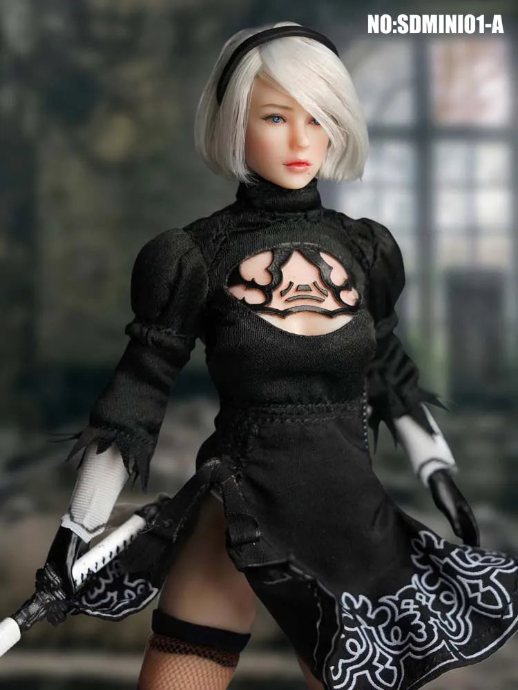 Sdmini001 1/12 Nier 2B Girl Head Sculpt Gothic Dress Over Knee High Heel Boots Accessory For 6'' Women Soldier Action Figure Toy
