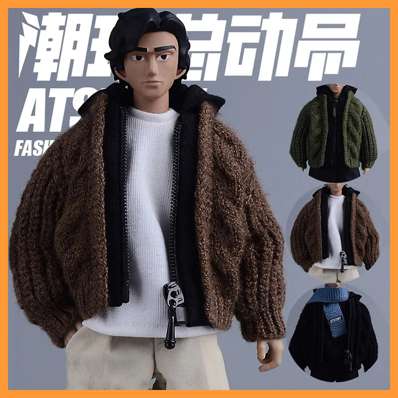 1/12 Maßstab Männlicher Soldat Gestrickter Kapuzenpullover Pullover Jacke Cardigan Mantel für 6-Zoll Asi Puppen Actionfigur Körpermodell DIY