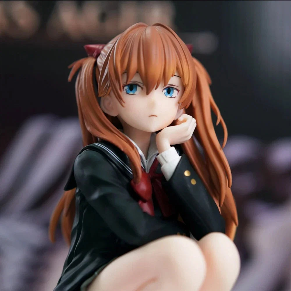 EVA Asuka Pretty Girl School Uniform Squatting Posture Asuka Anime Handmade PVC Model gift ornaments