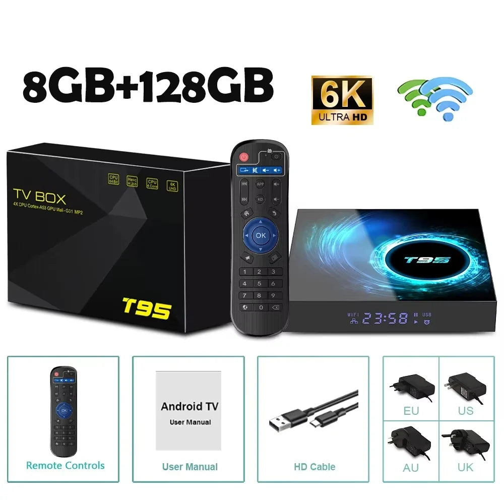 Smart TV Box Android 14 T95 6K Allwinnerh616 Media Player Dual WiFi Bluetooth 5.4 with Remote Support Google Voice Set Top Box