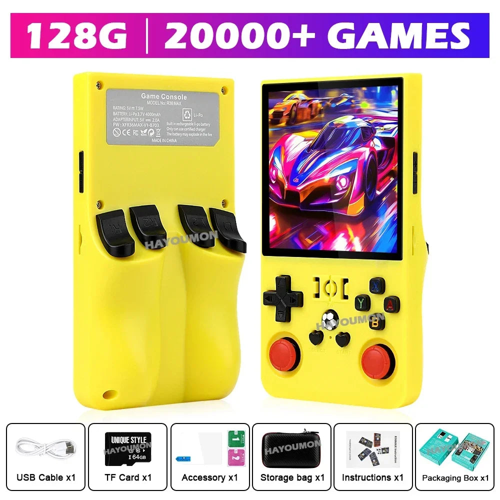 Gray R36 Max Console Handheld Game Players 4" IPS Screen Open Source Console Retro Pocket Video Player 128G Up to 20000+ Games