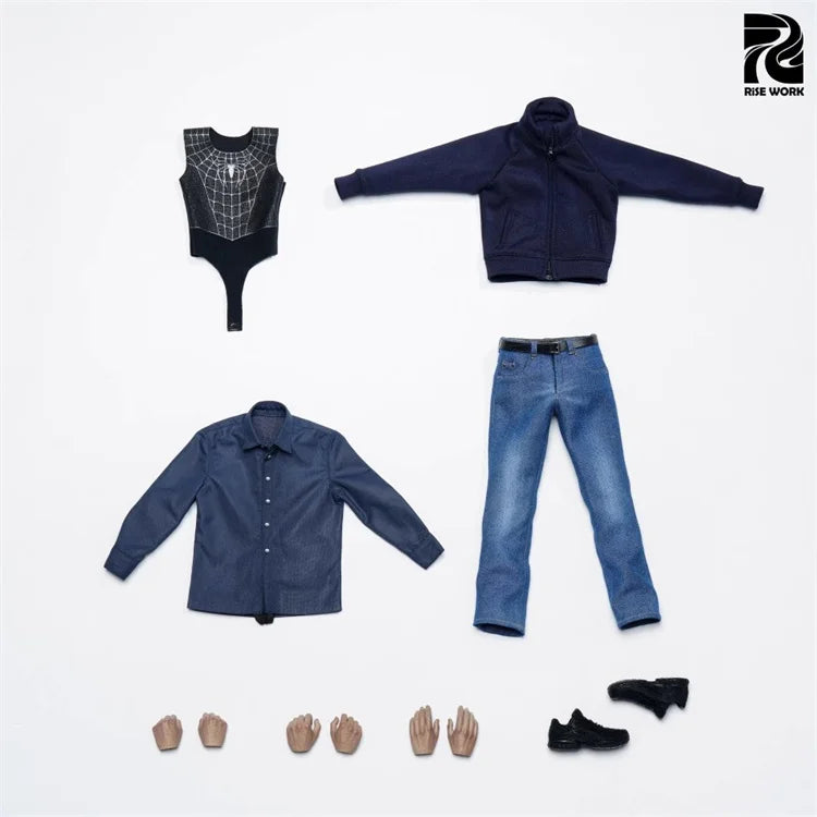 New In Stock Rise Work RW01 1/6 Scale Male Clothes Peter Parker Symbiont Black Spider Casual Suit For 12-inch Action Figure Toys