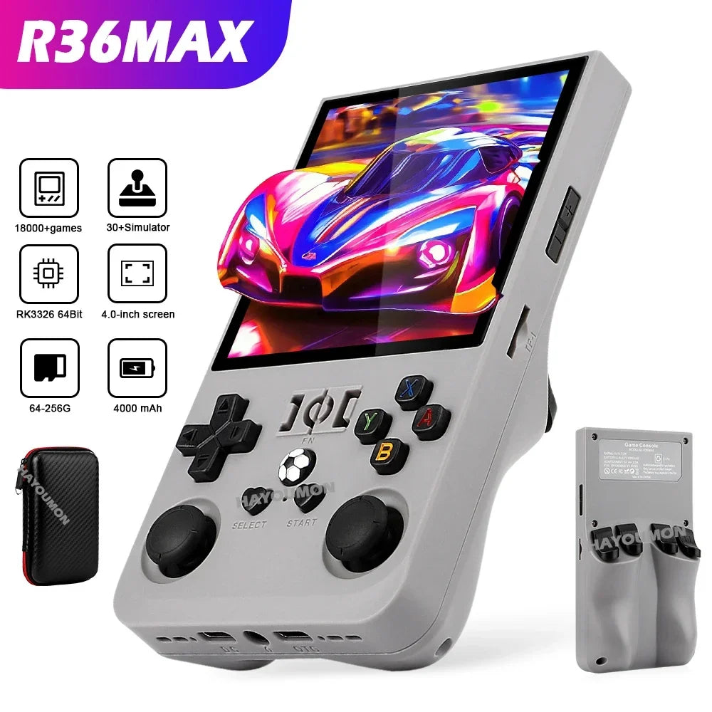 Gray R36 Max Console Handheld Game Players 4" IPS Screen Open Source Console Retro Pocket Video Player 128G Up to 20000+ Games