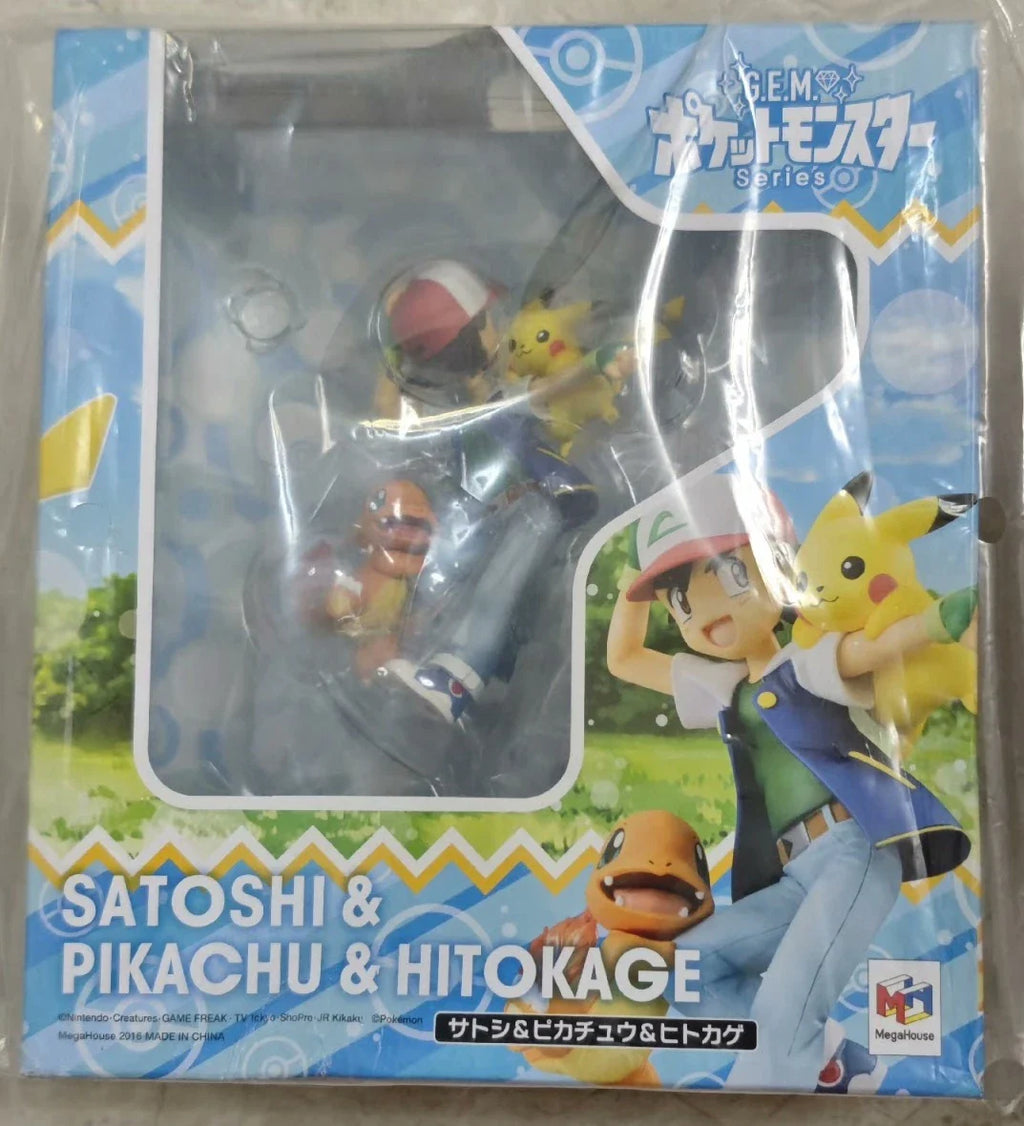 Hot Sale Original MegaHouse G.E.M.Series Pocket Monster THE ORIGIN SATOSHI&PIKACHU & HITOKAGE 1/8 Limited Edition Model Statue