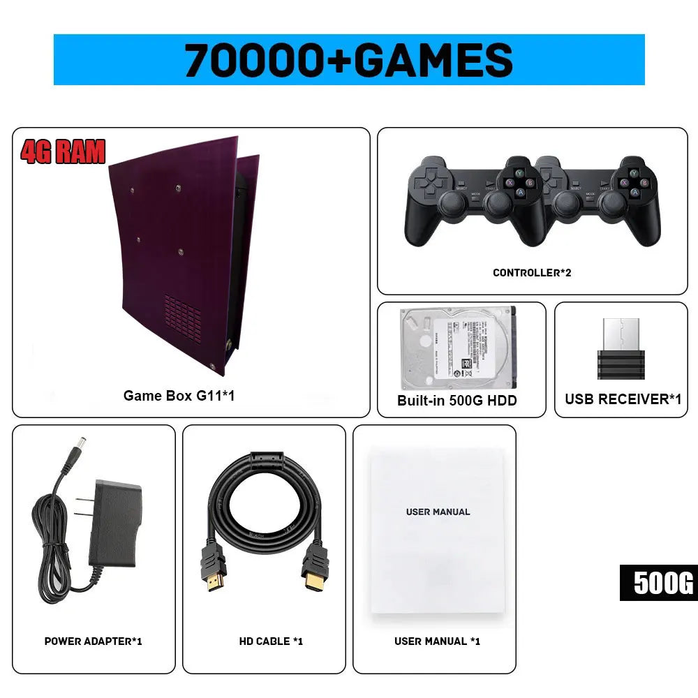G11 retro game console 500G HDD Built-in 70000+game 4K high-definition output 60+emulator FOR XBOX WII Wireless Controller