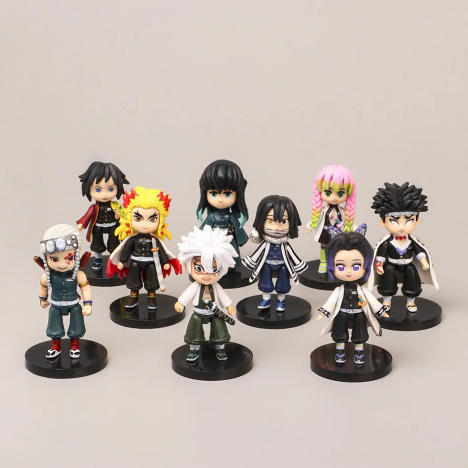 9pcs Set Q Version Demon Slayer Sitting Ghost Doll Tanjiro Nidouzi Inosuke Zenizu Figure Action Figure Movie Model kid Toy Gifts
