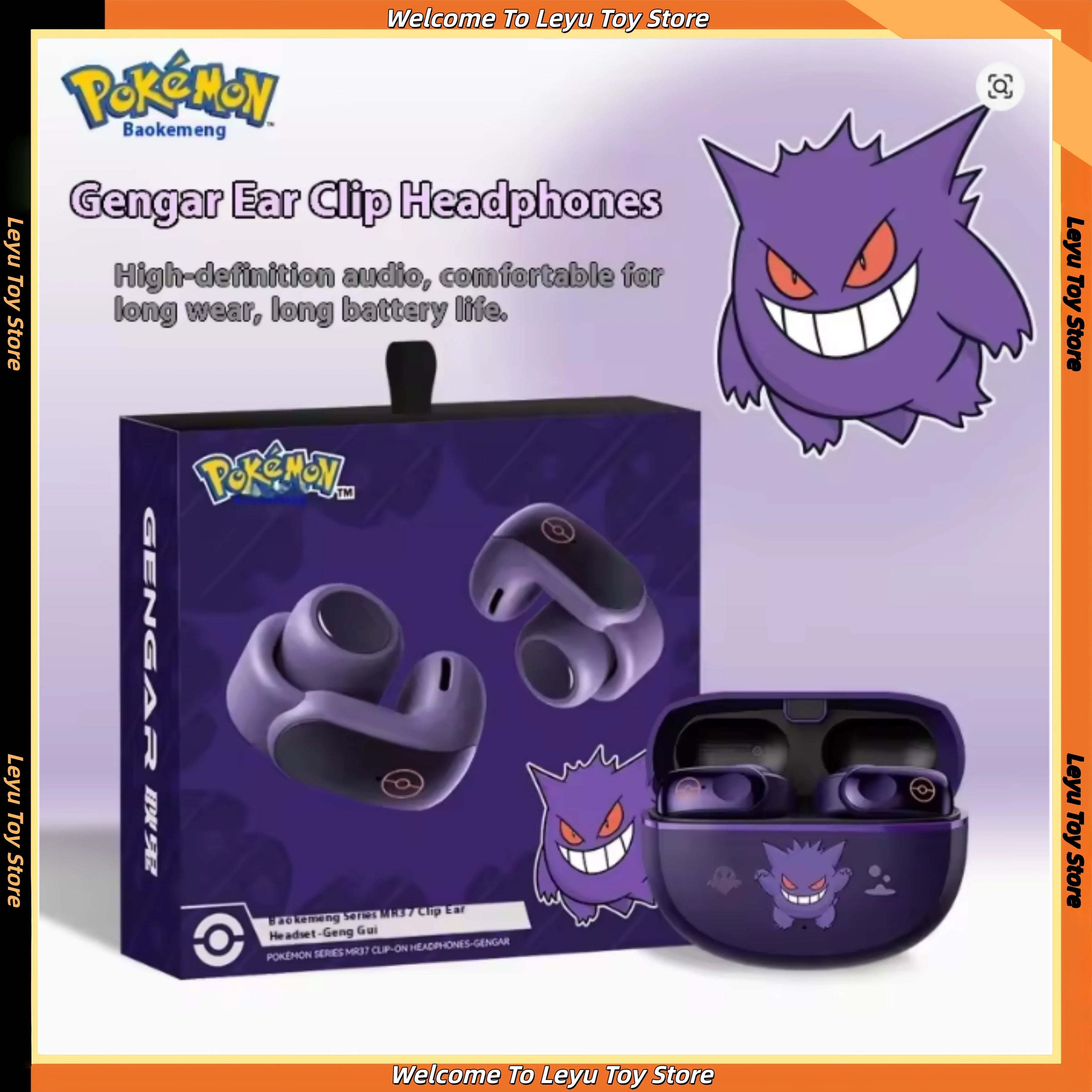 Genuine Pkm Gengar Anime Bluetooth Wireless Headset Ear clip type Gaming stereo sports headphones High Endurance Trendy Gifts