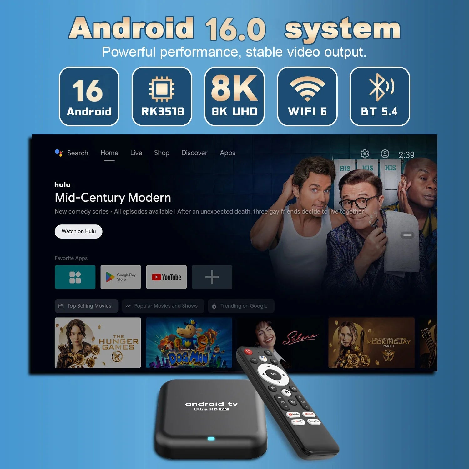 Android 16.0 TV BoxRockchip RK3518 Q18 Smart TV Box 8K Google Assistant Netflix Multimedia Player 2.4G 5G Wifi 6 BT5.4 128G ATV