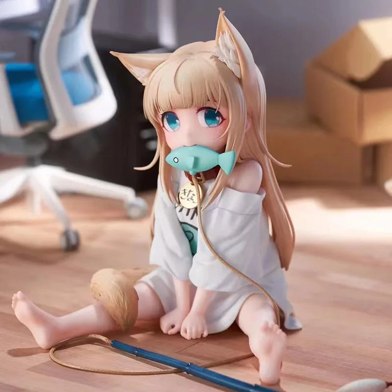 13/18CM GOLDEN HEAD My Cat Is A Kawaii Girl Anime Figure Sakura Soybean Flour Sit And Eat Fish Collectible PVC Model Doll Toy