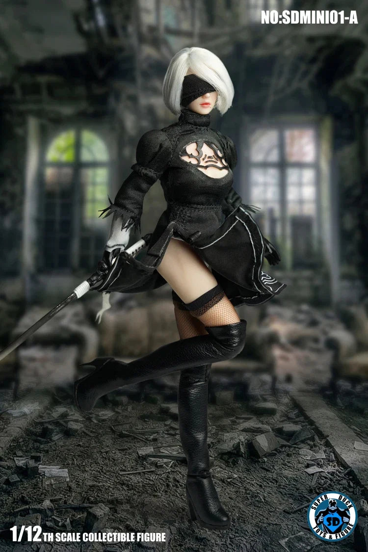 Sdmini001 1/12 Nier 2B Girl Head Sculpt Gothic Dress Over Knee High Heel Boots Accessory For 6'' Women Soldier Action Figure Toy