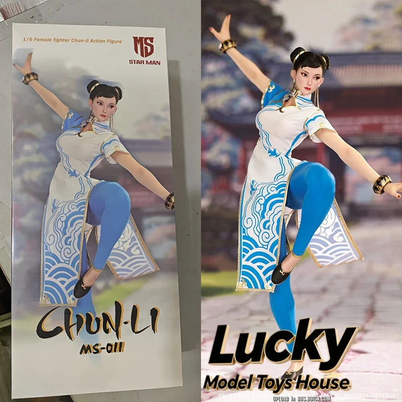 STAR MAN MS-011 1/6 Chun Li Cloth Action Figure Blue White Cloud Print Cheongsam Design 12" Female Fighter Soldier Model Gifts