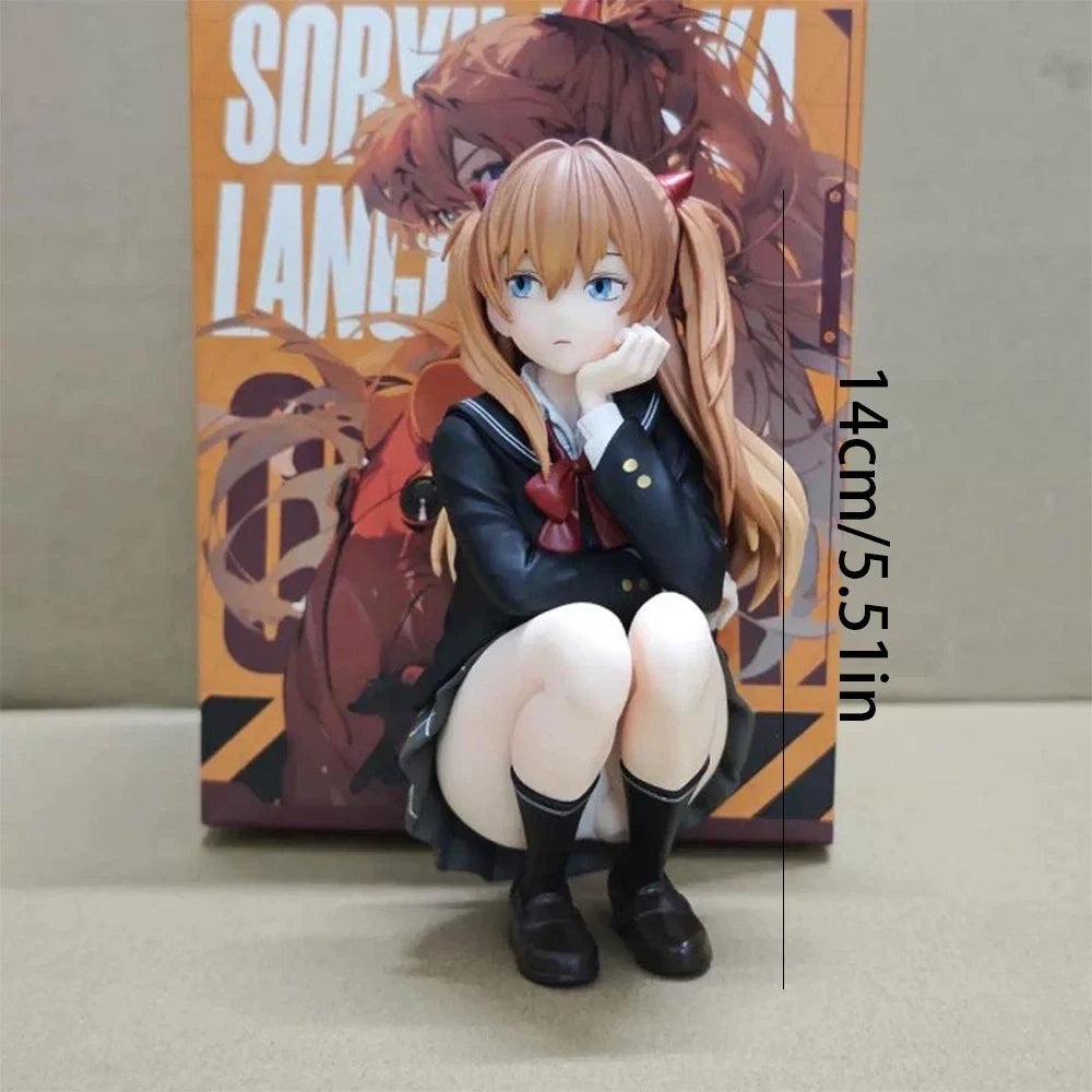 EVA Asuka Pretty Girl School Uniform Squatting Posture Asuka Anime Handmade PVC Model gift ornaments