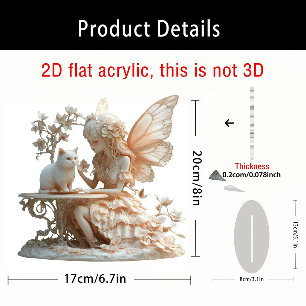 Bohemian Style 8in 2D Acrylic Angel And Cat Figurine Artistic Cartoon Decoration Colorful Print Water-Resistant Romantic Gift
