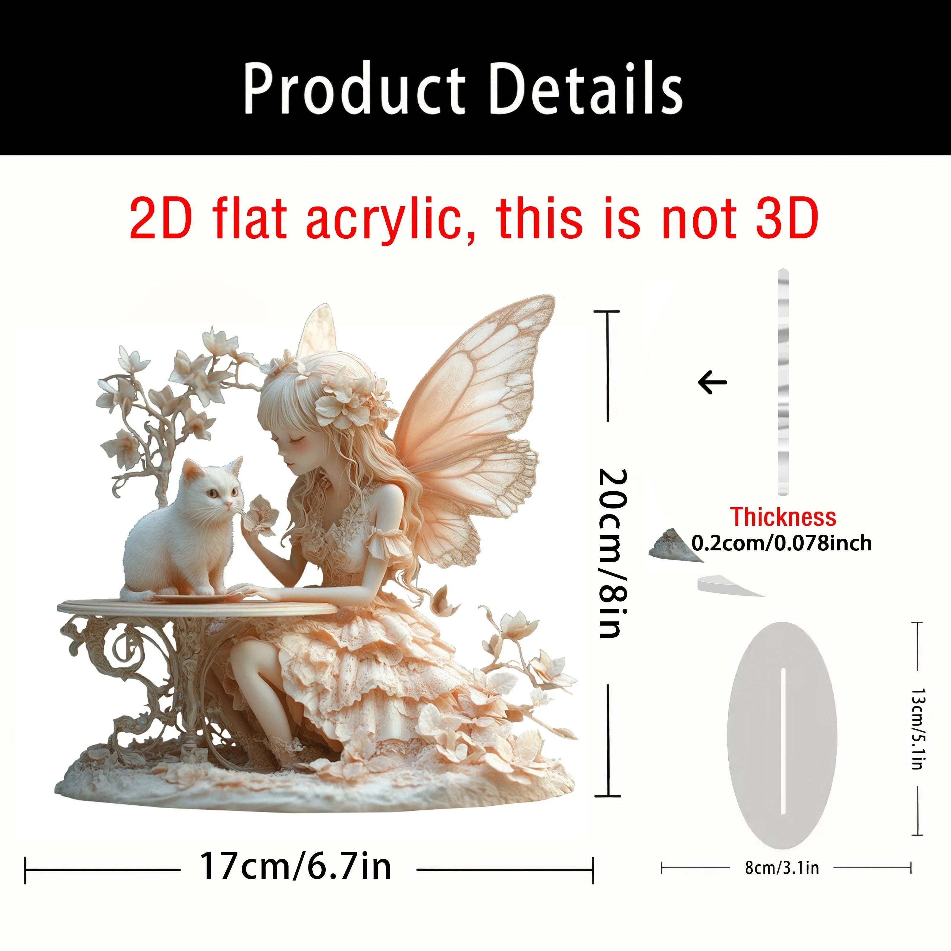 Bohemian Style 8in 2D Acrylic Angel And Cat Figurine Artistic Cartoon Decoration Colorful Print Water-Resistant Romantic Gift