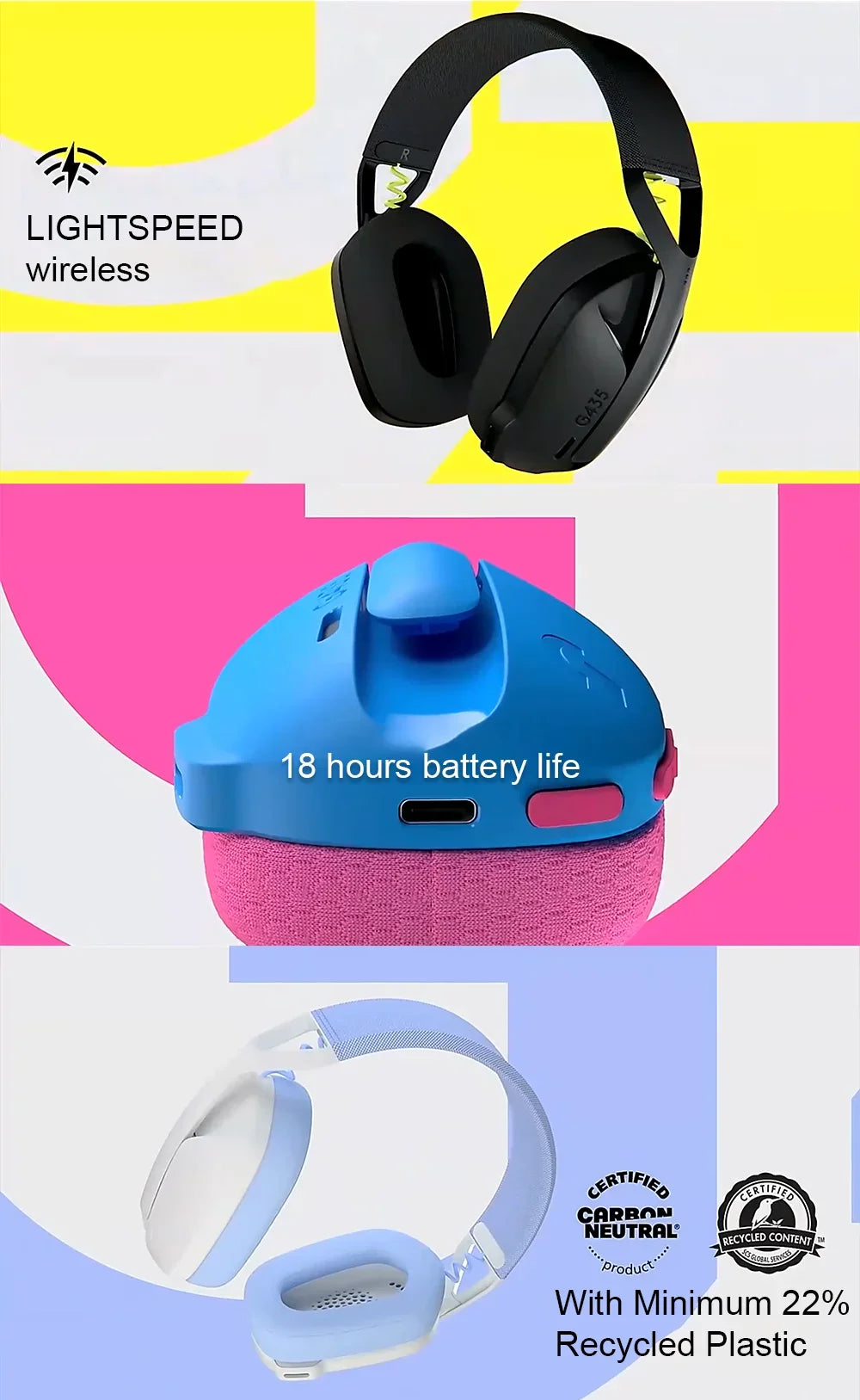 Logitech G435 LIGHTSPEED Wireless Gamer Headset USB Bluetooth/2.4 G Connection Built-in Microphone Gaming Headphone for PC/PS