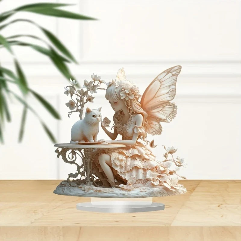 Bohemian Style 8in 2D Acrylic Angel And Cat Figurine Artistic Cartoon Decoration Colorful Print Water-Resistant Romantic Gift