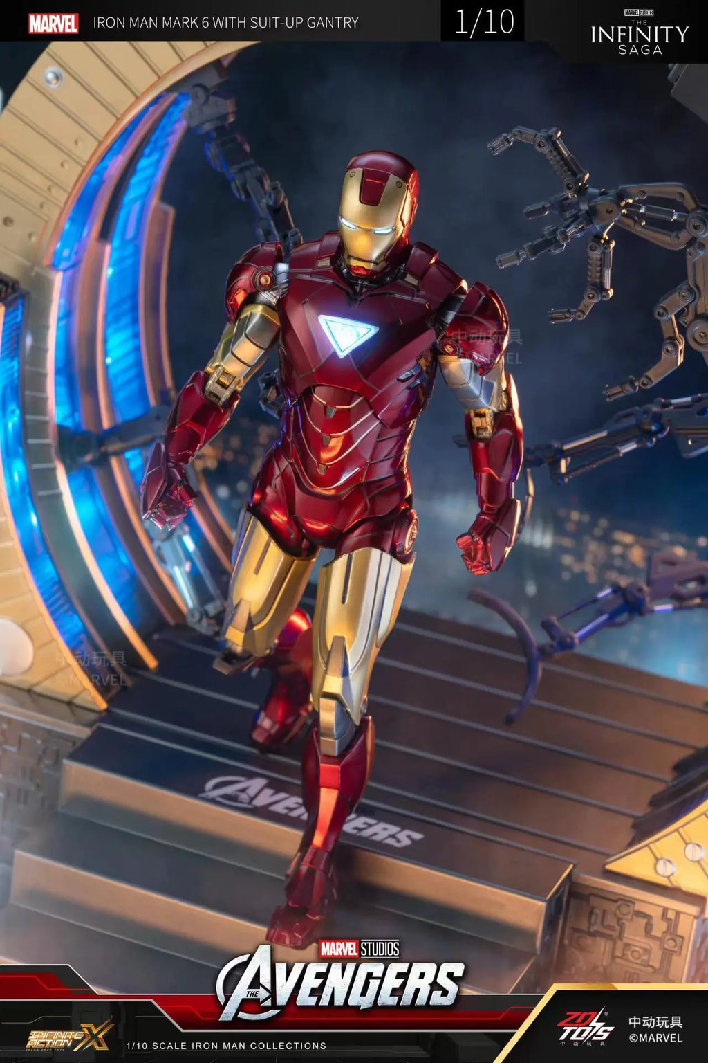 Original ZD Toys Iron Man WITH SUIT-UP GANTRY LED Circular armor dismantling platform MK6 Anime Tony Stark Model Action Figure