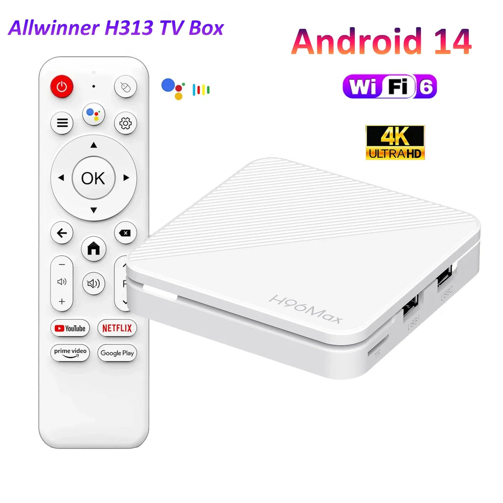 H96 MAX H313 TV Box Android 14 ATV TV Box 4K Video Set Top Box 100M LAN Wifi6 BT5.0 Voice Assistant Media Player TV Box 2GB 16GB