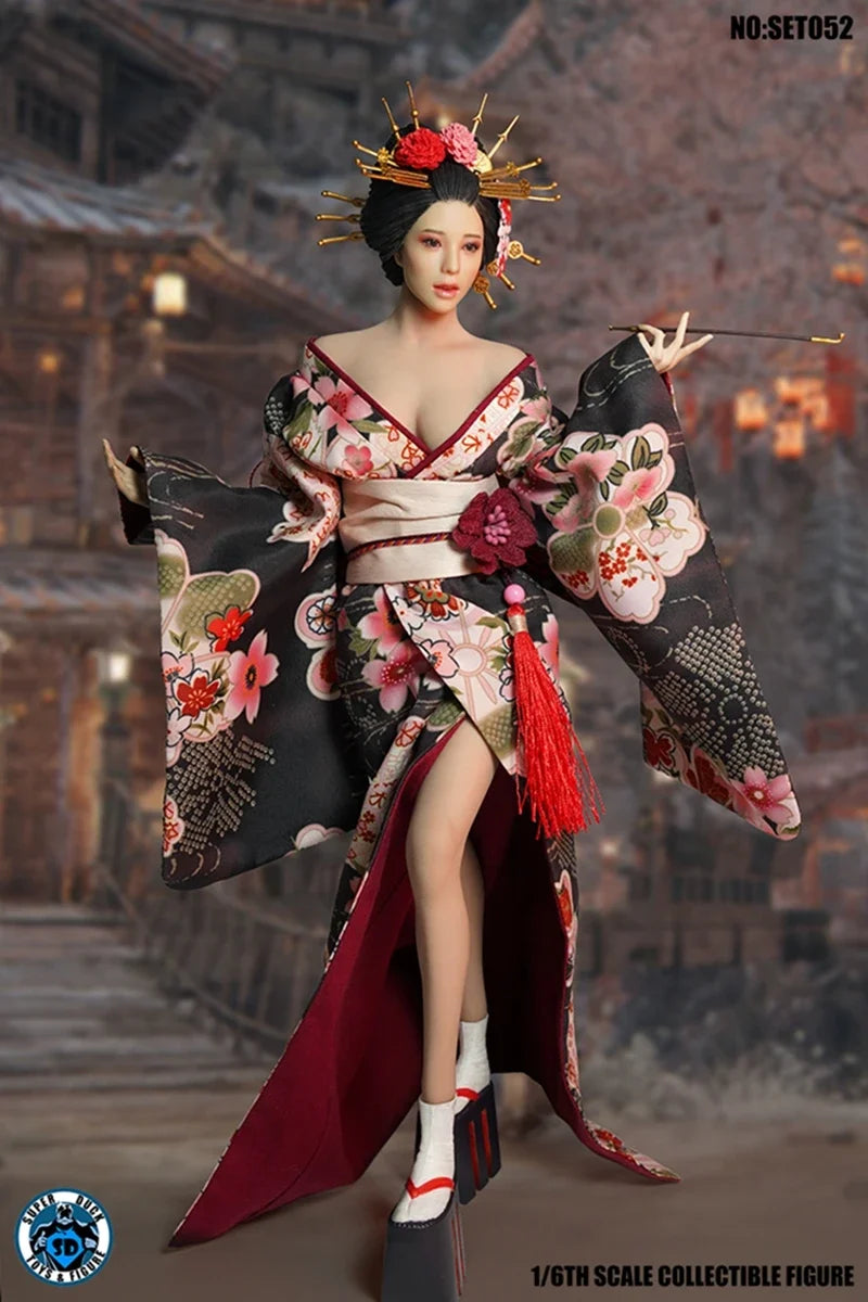 SUPER DUCK SET052 1/6 Japanese Geisha Head Sculpture Kimono Costume Set Model Fit 12'' TBL S12D Suntan Big Breast Action Figure